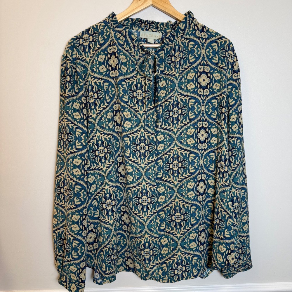 Ryegrass Teal Medallion Blouse XXL Boho Tie Neck Cottagecore Dark Academia Top